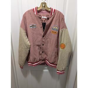 Haveii Keep Run Women's XL Baggy Varsity Style Jacket Corduroy Pink And Tan